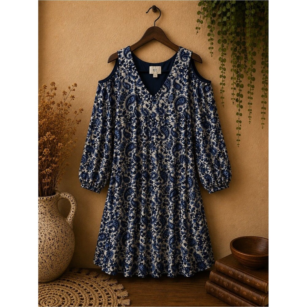 ECI Paisley Print Cold Shoulder V Neck Dress Size Large